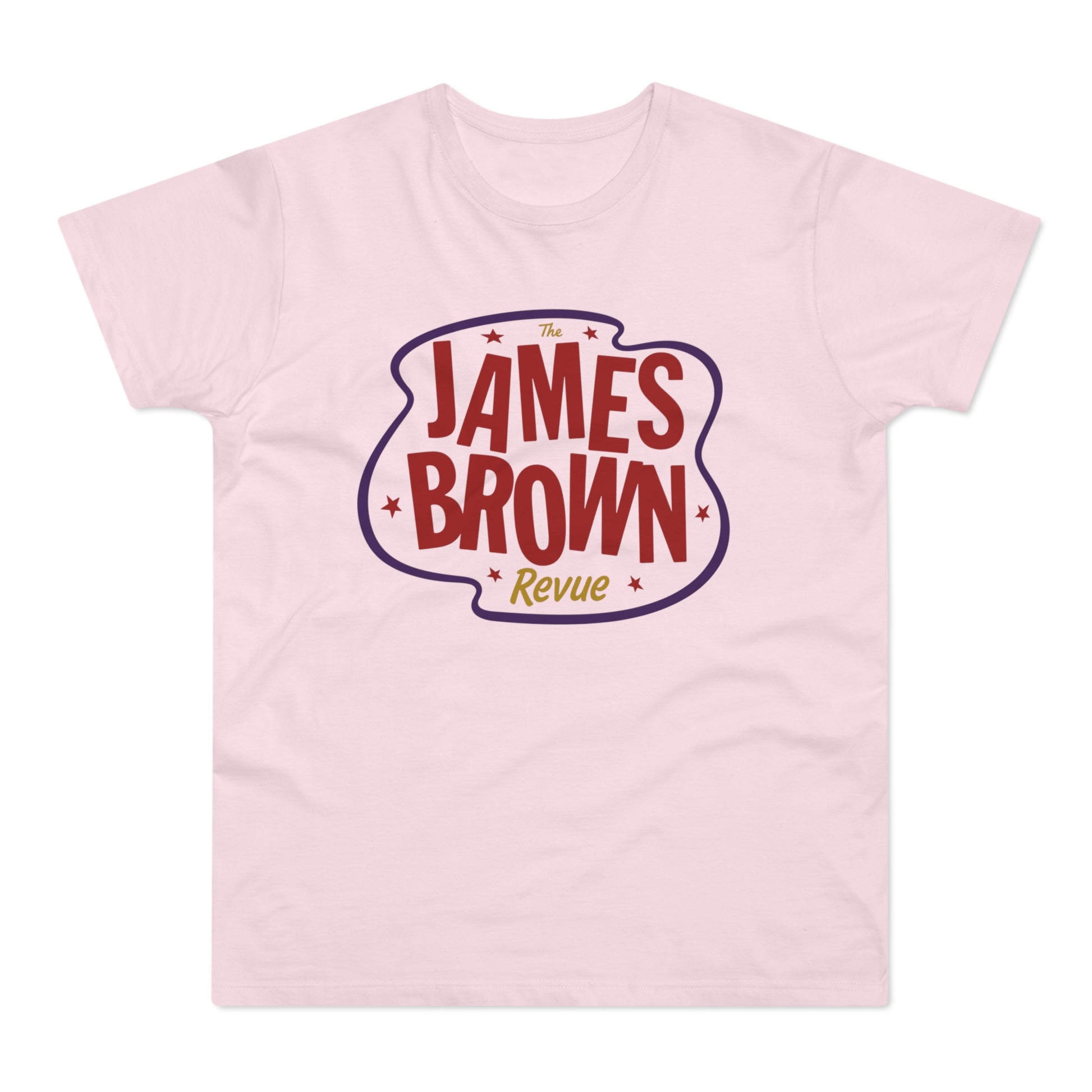 Pale pink t-shirt with a dark purple outline of "James Brown Revue" in red and gold.