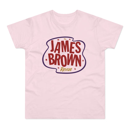 Pale pink t-shirt with a dark purple outline of "James Brown Revue" in red and gold.