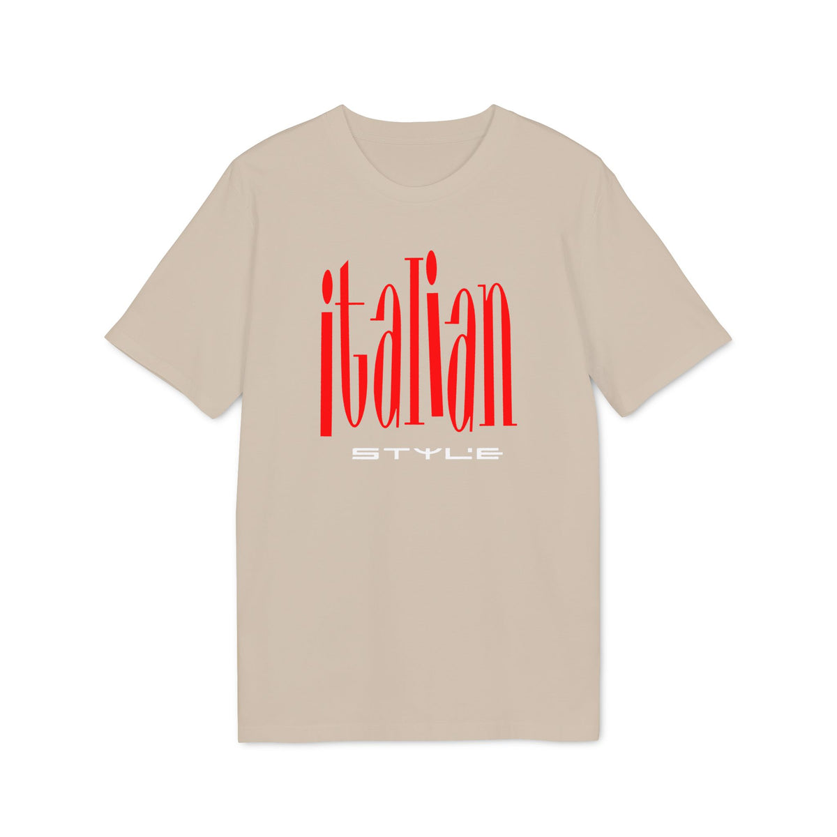 Beige short-sleeved t-shirt featuring large red text reading "italian" with smaller white text reading "STYLE" below.
