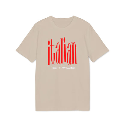 Beige short-sleeved t-shirt featuring large red text reading "italian" with smaller white text reading "STYLE" below.