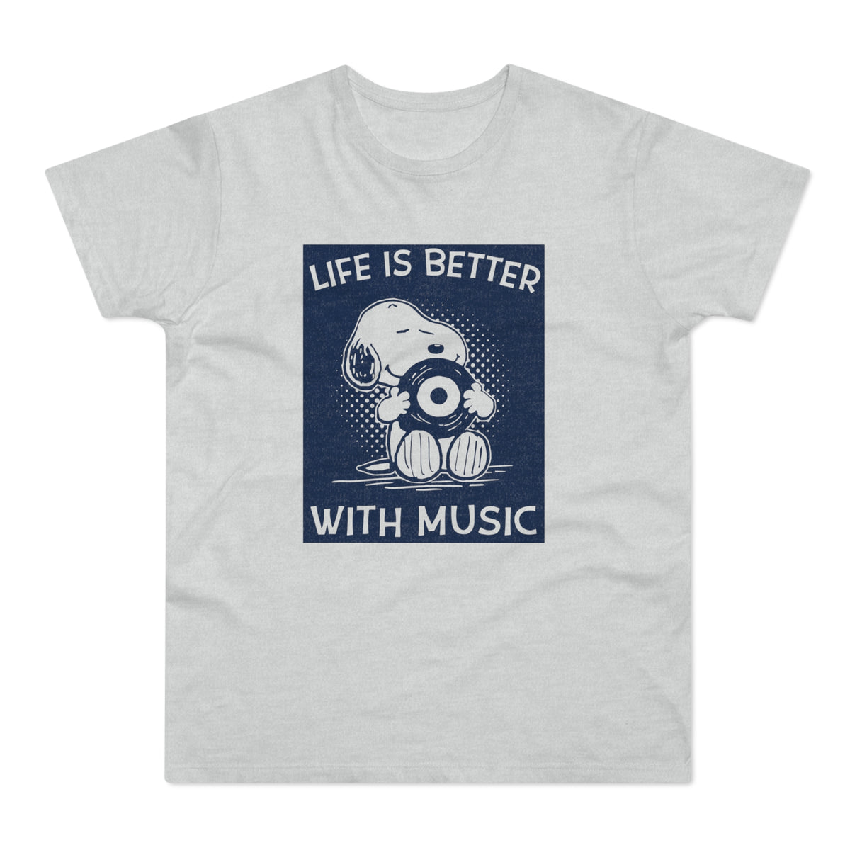 Snoopy holding a vinyl record with text "Life is Better With Music".