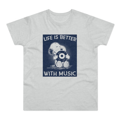 Snoopy holding a vinyl record with text "Life is Better With Music".