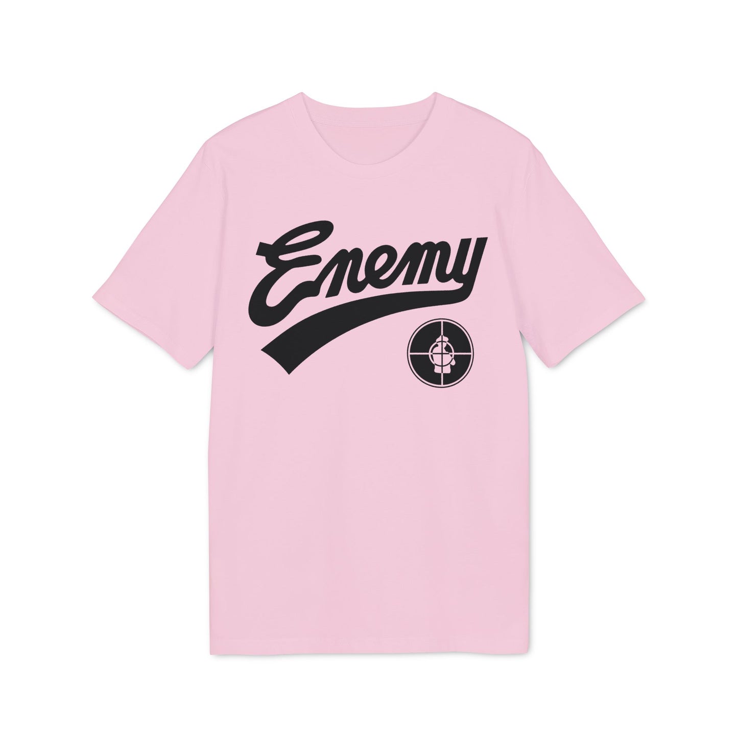 Pink t-shirt with black "Enemy" script and target logo.