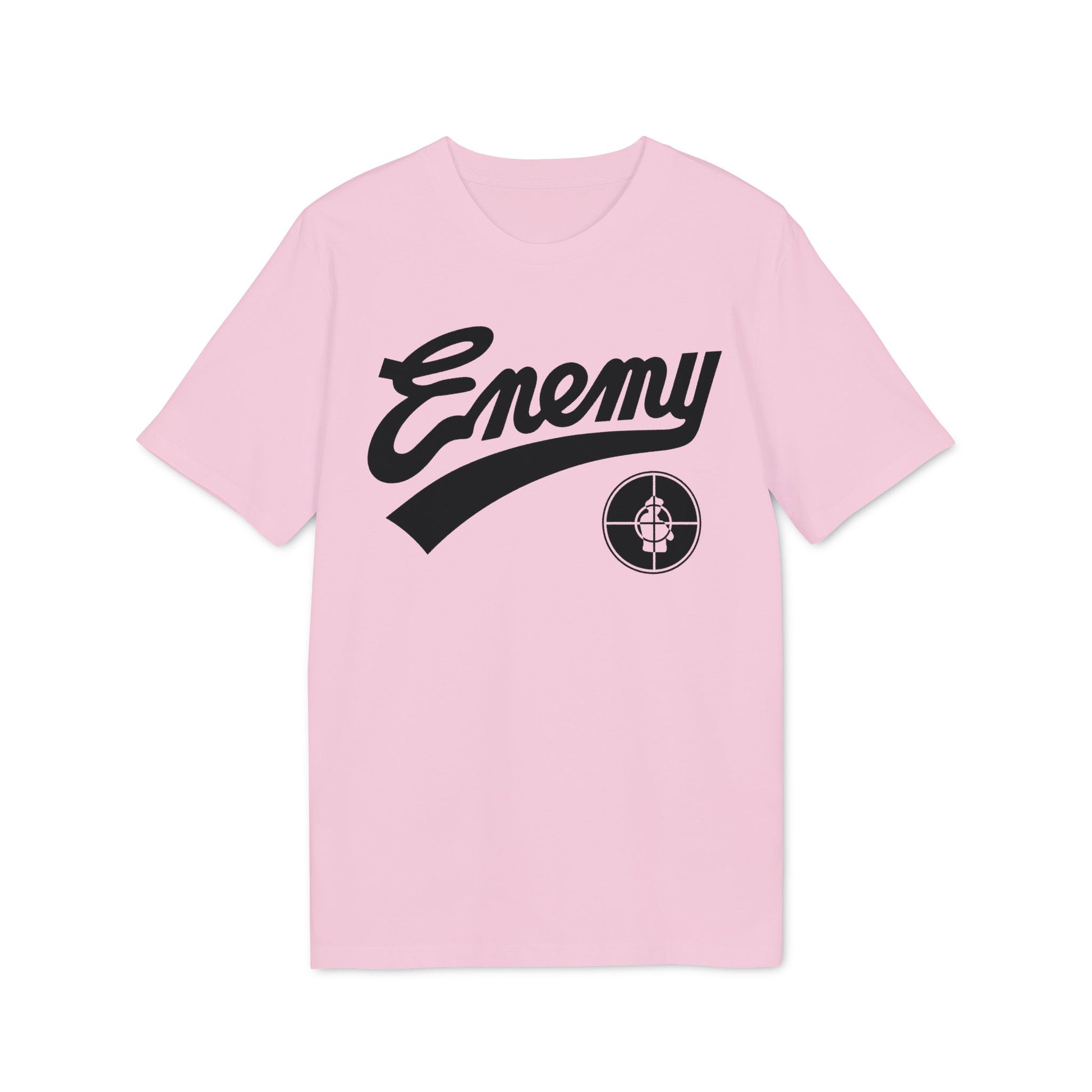 Pink t-shirt with black "Enemy" script and target logo.