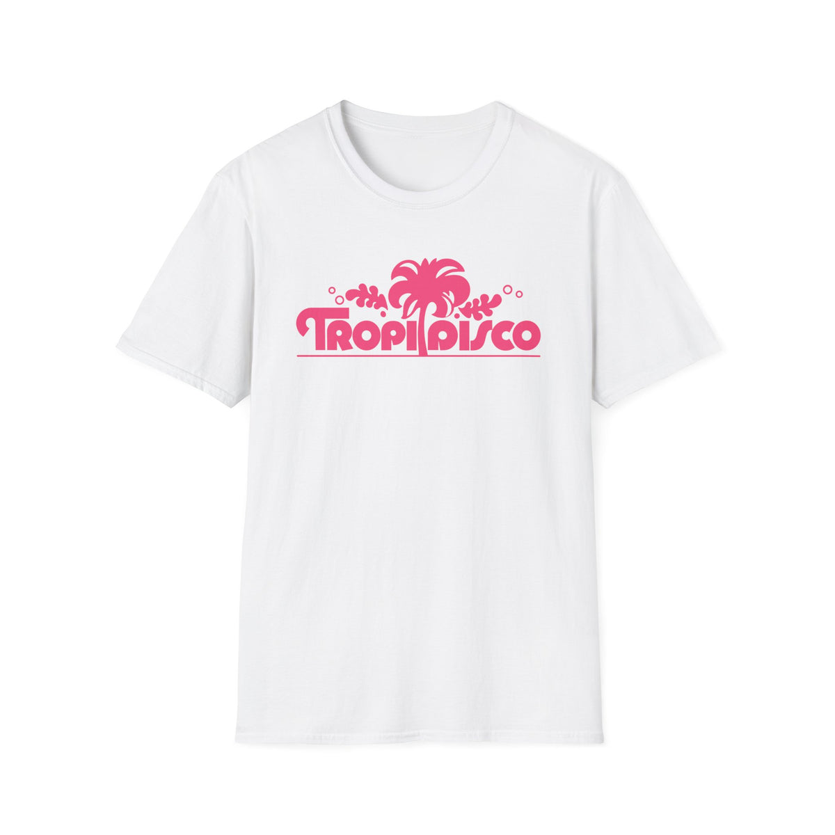 White t-shirt with a pink "TROPIDISCO" text and palm tree graphic.