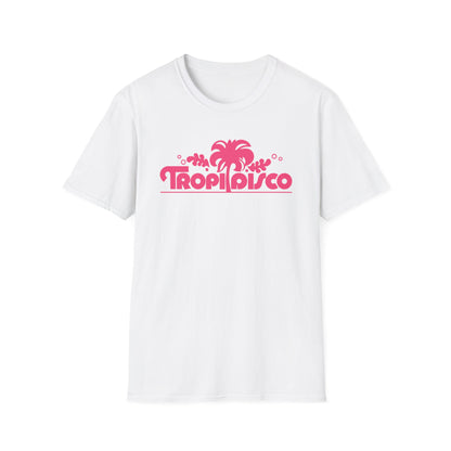 White t-shirt with a pink "TROPIDISCO" text and palm tree graphic.