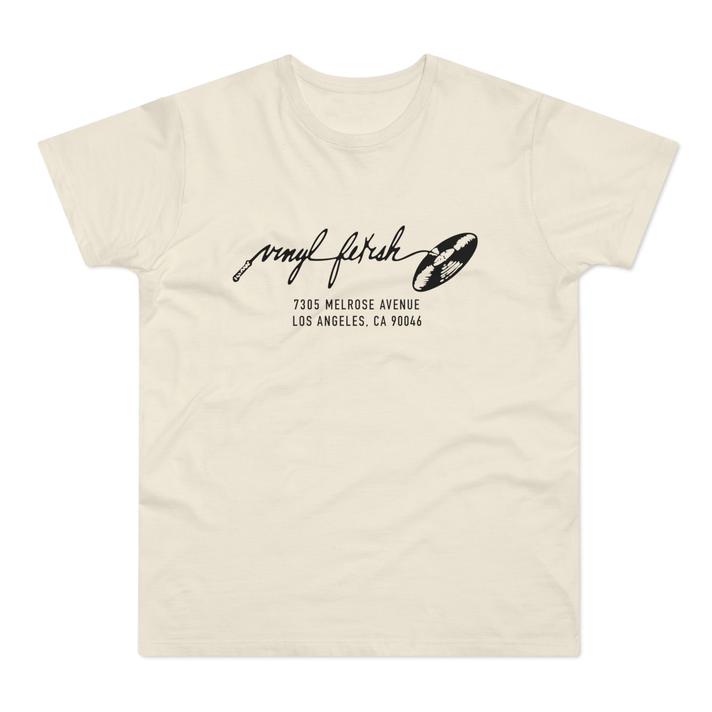 Cream t-shirt with black text and vinyl record graphic, 7305 Melrose Ave Los Angeles