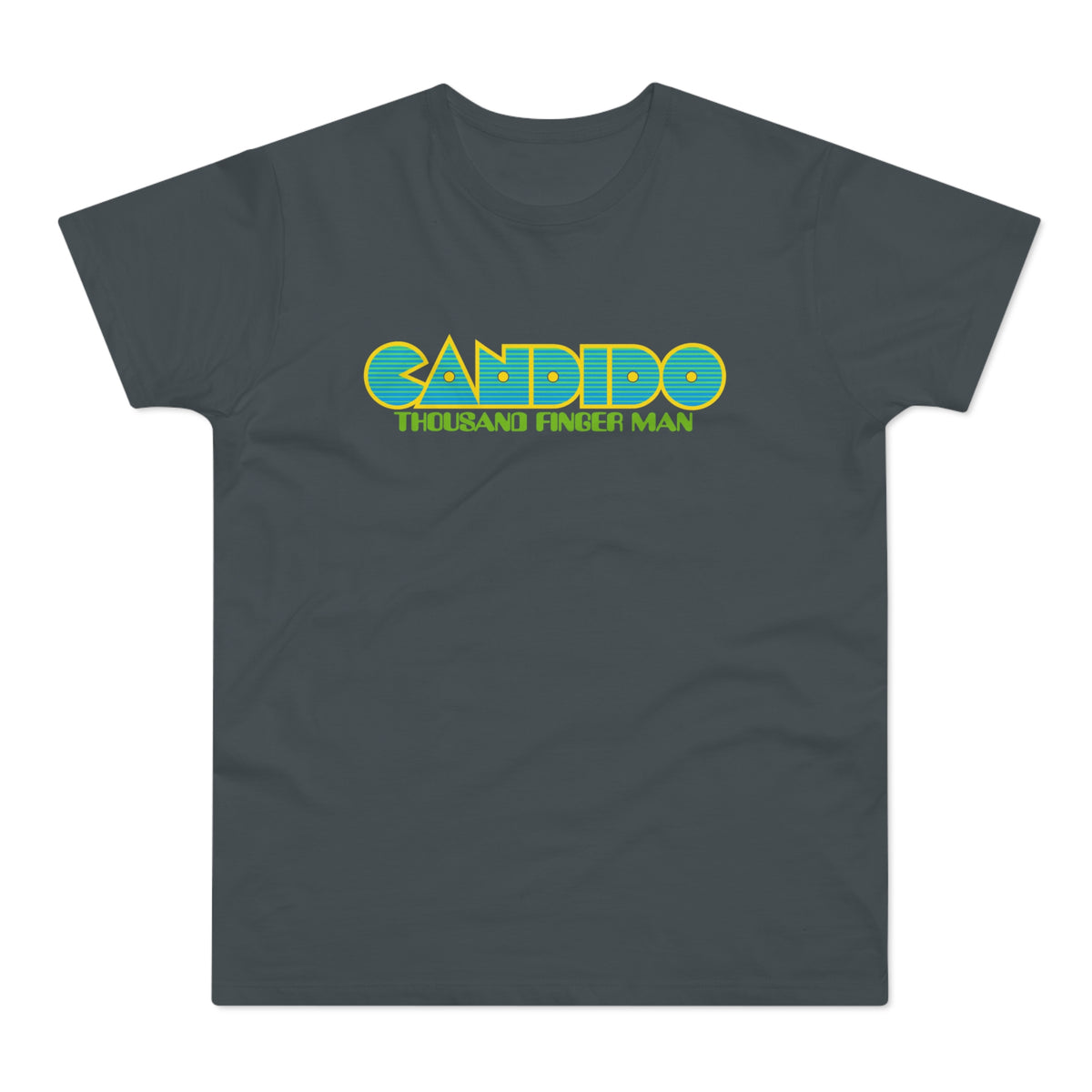 Charcoal t-shirt with blue and yellow "CANDIDO THOUSAND FINGER MAN" text logo.
