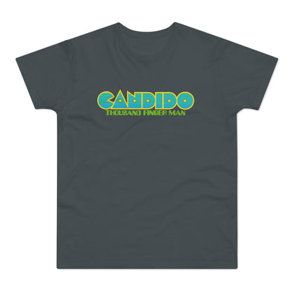 Charcoal t-shirt with blue and yellow "CANDIDO THOUSAND FINGER MAN" text logo.