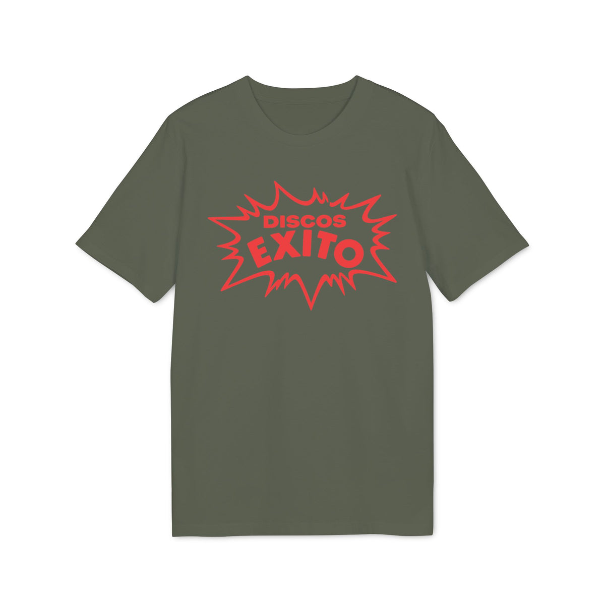 An olive green t-shirt featuring a red jagged starburst graphic with text that reads Discos Exito.
