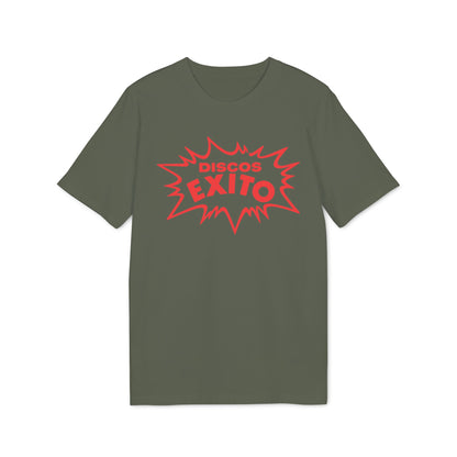 An olive green t-shirt featuring a red jagged starburst graphic with text that reads Discos Exito.