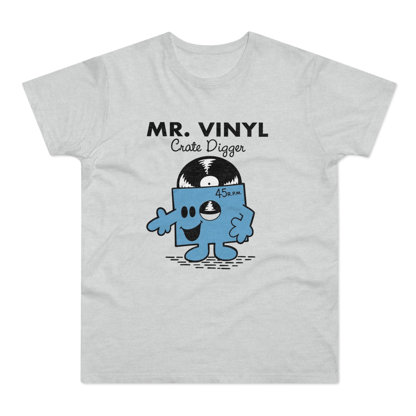 Light grey t-shirt with "MR. VINYL Crate Digger" and a cartoon vinyl record character.