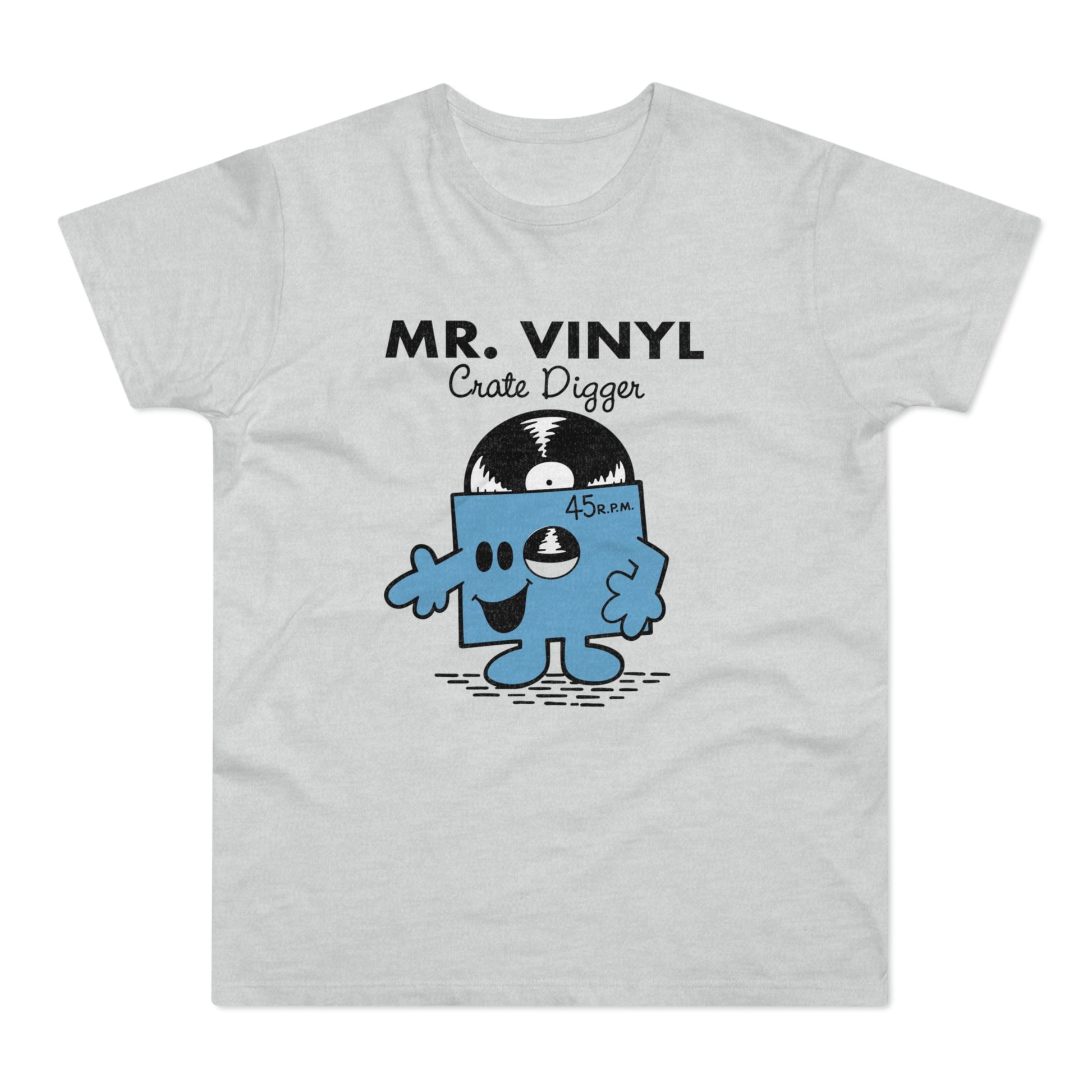 Light grey t-shirt with "MR. VINYL Crate Digger" and a cartoon vinyl record character.