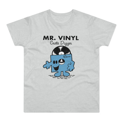 Light grey t-shirt with "MR. VINYL Crate Digger" and a cartoon vinyl record character.