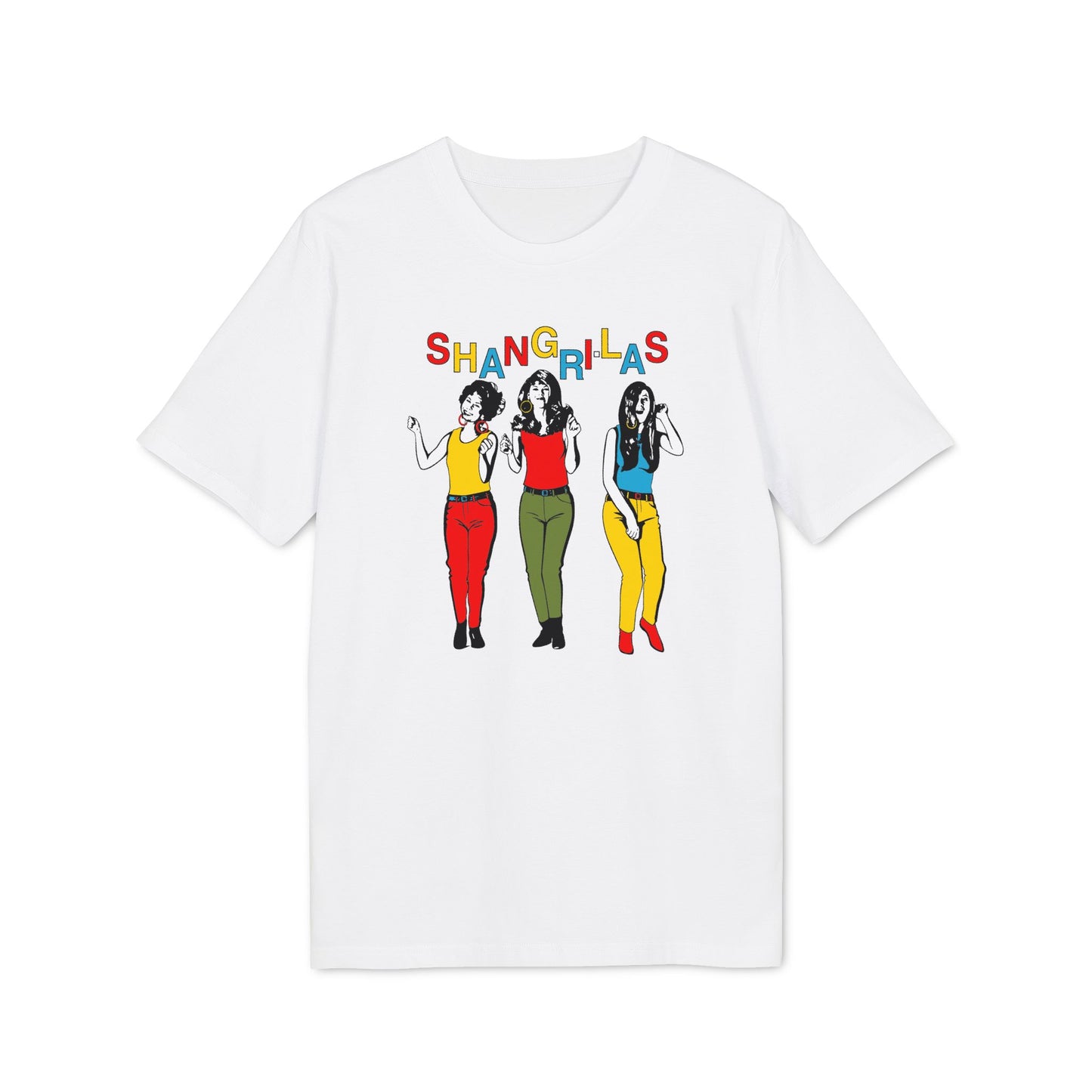 White t-shirt with "SHANGRI-LAS" text and graphic of three women.