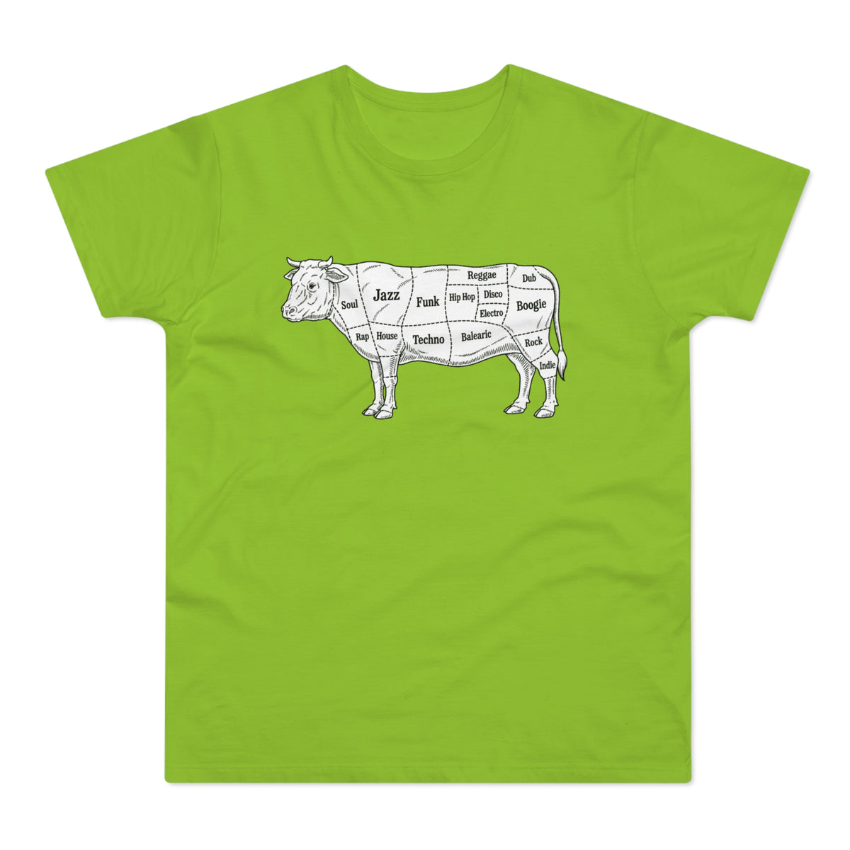 Illustration of a cow with music genres as butcher cuts.
