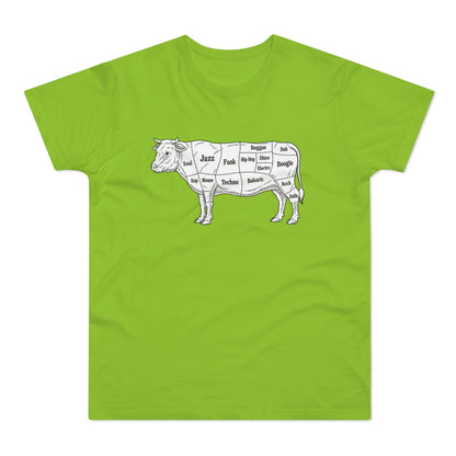 Illustration of a cow with music genres as butcher cuts.