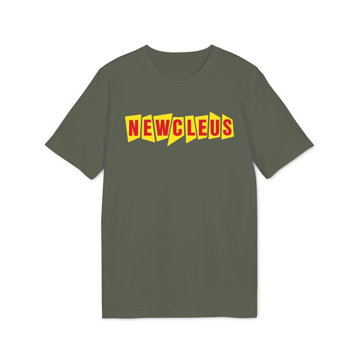 Olive green short-sleeve t-shirt with red text spelling NEWCLEUS over yellow angular shapes on the chest.