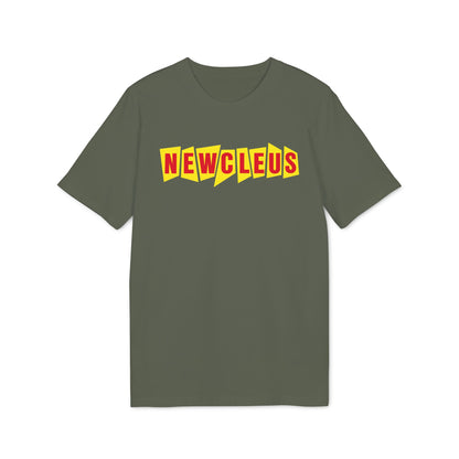 Olive green short-sleeve t-shirt with red text spelling NEWCLEUS over yellow angular shapes on the chest.