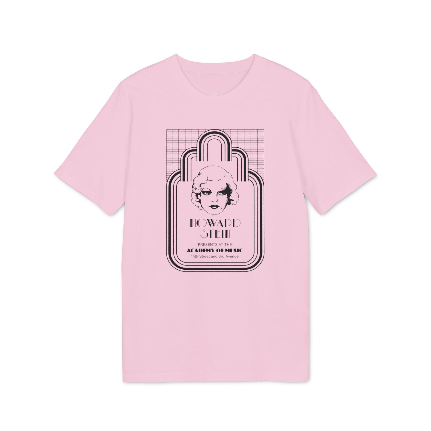 Pink t-shirt with a black line drawing of a woman's face and text.