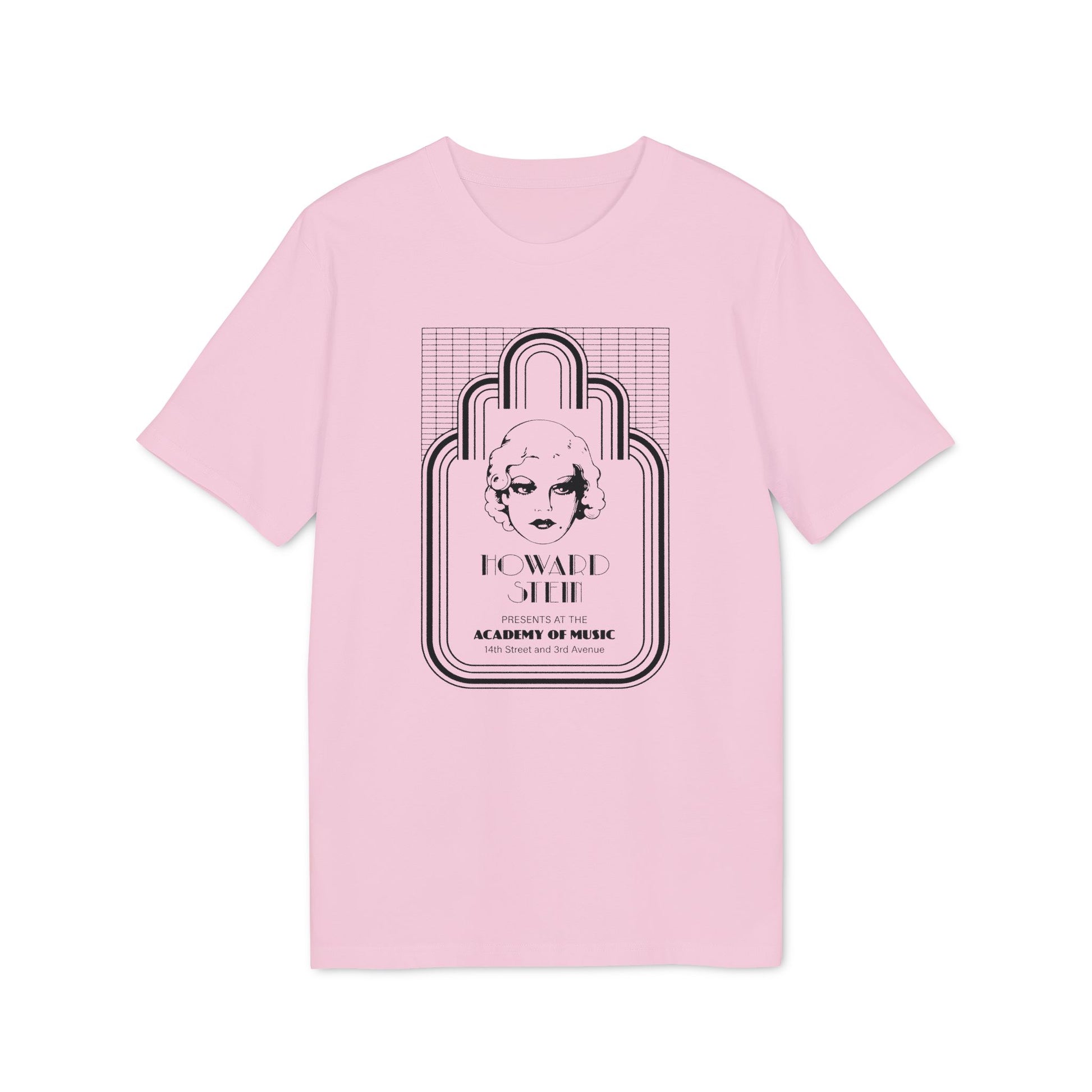Pink t-shirt with a black line drawing of a woman's face and text.