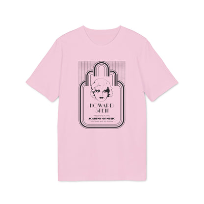 Pink t-shirt with a black line drawing of a woman's face and text.