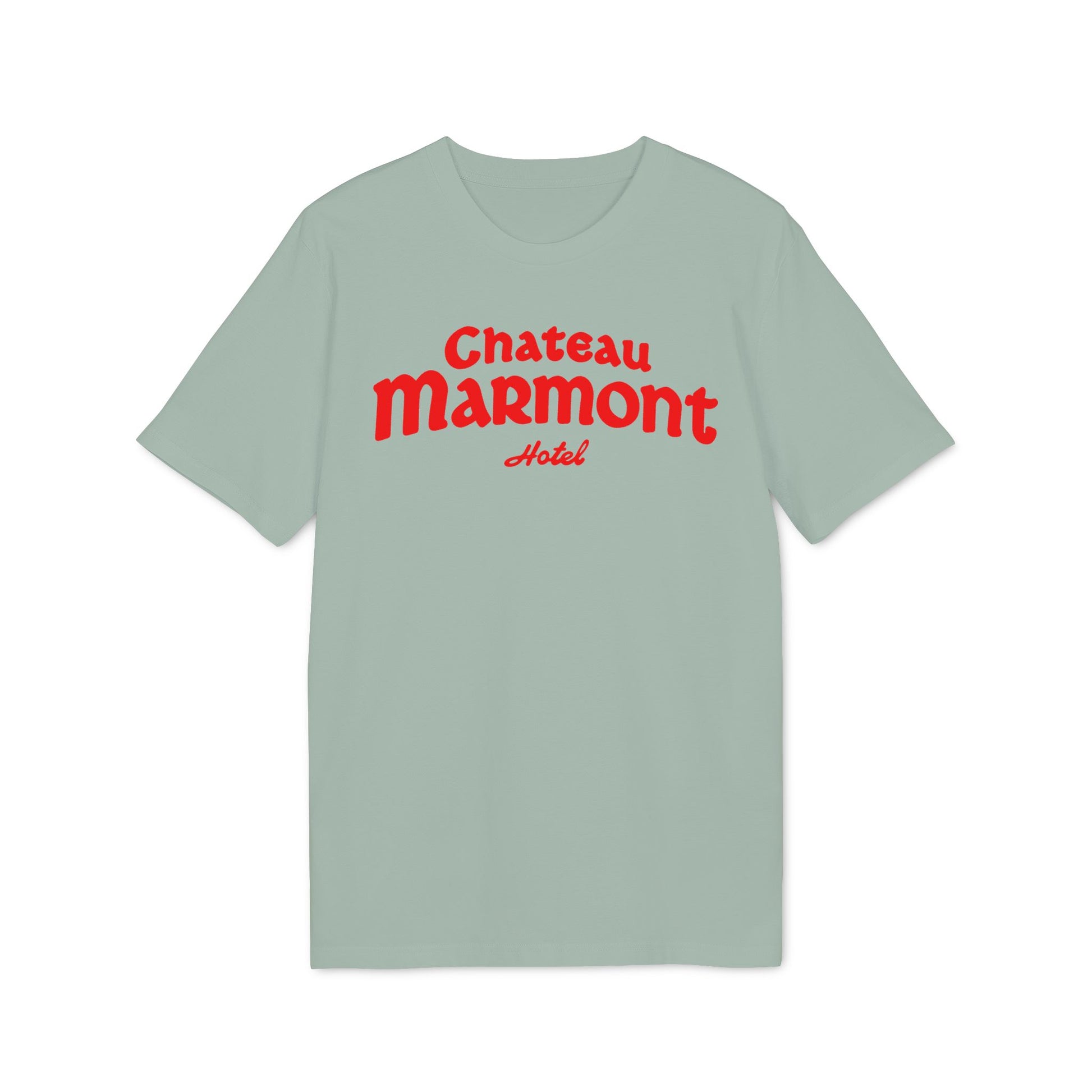 Green t-shirt with red "Chateau Marmont Hotel" text.