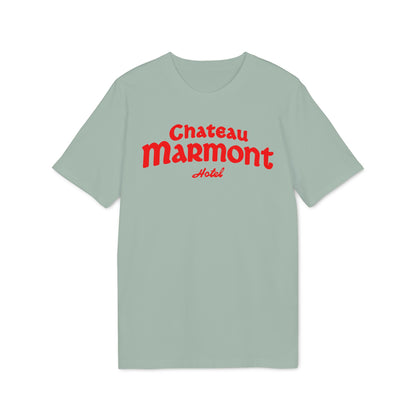 Green t-shirt with red "Chateau Marmont Hotel" text.