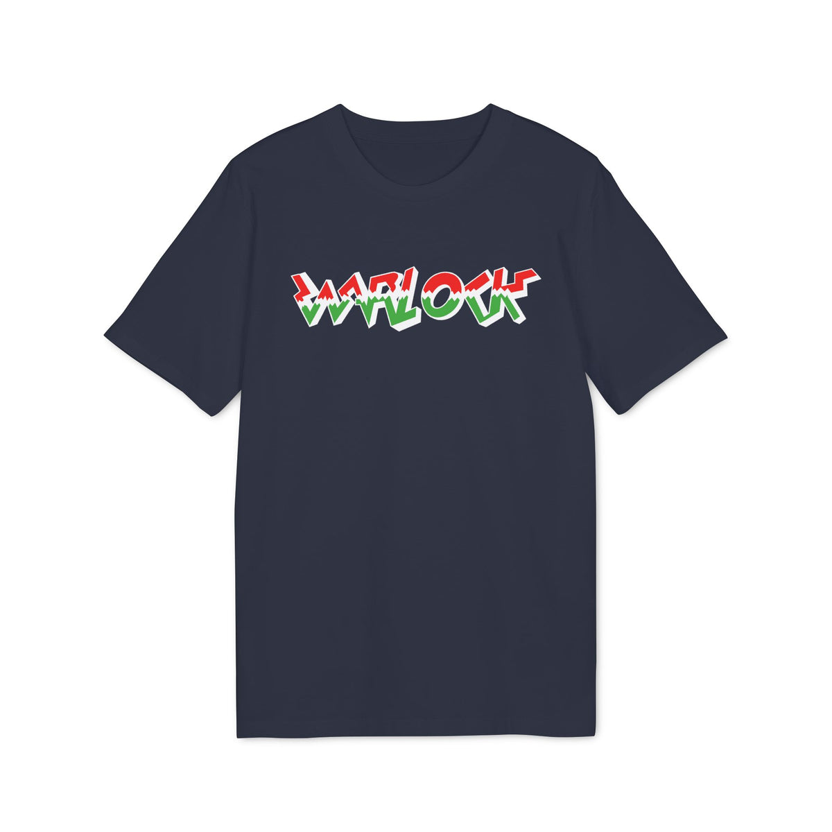 A dark blue crewneck t-shirt featuring the word WARLOCK in stylized, red and green layered typography across the chest.