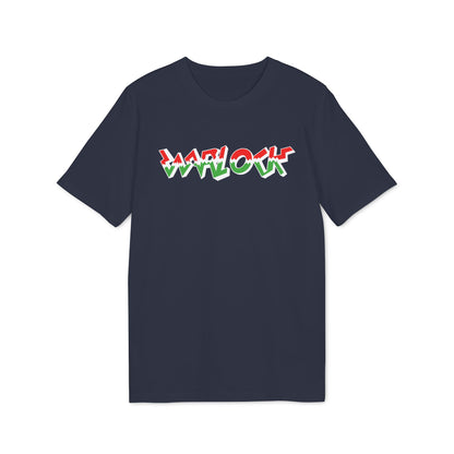 A dark blue crewneck t-shirt featuring the word WARLOCK in stylized, red and green layered typography across the chest.