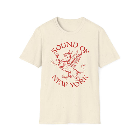 Cream t-shirt with red distressed graphic of a griffin and text "SOUND OF NEW YORK".