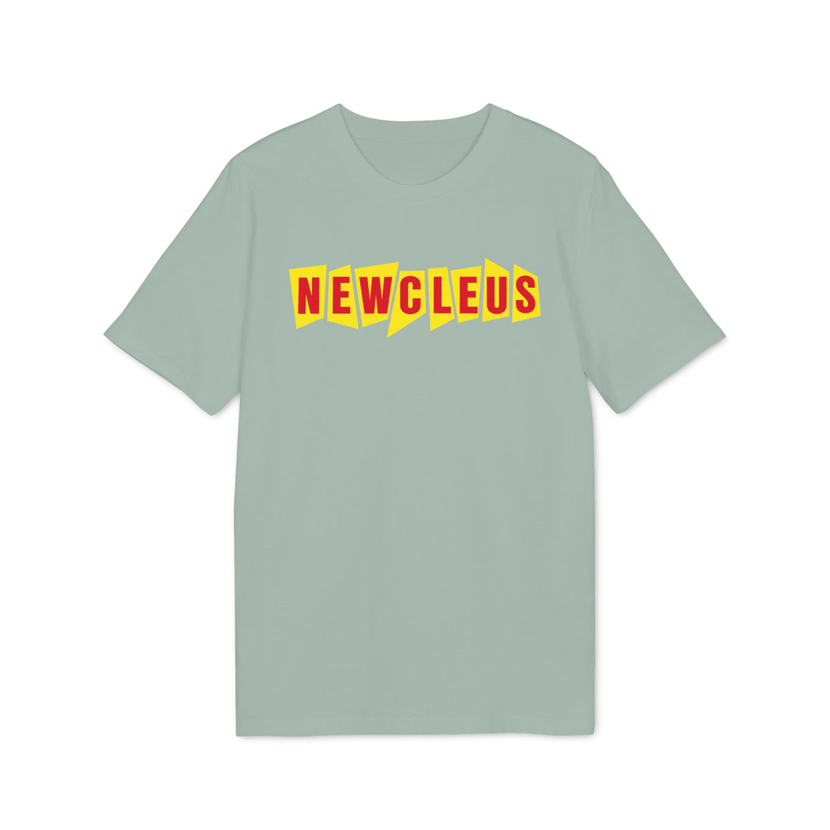 Sage green short-sleeve t-shirt with red text reading NEWCLEUS on jagged yellow rectangles across the chest.