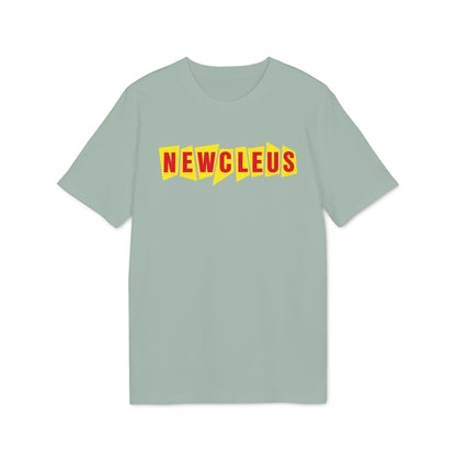 Sage green short-sleeve t-shirt with red text reading NEWCLEUS on jagged yellow rectangles across the chest.