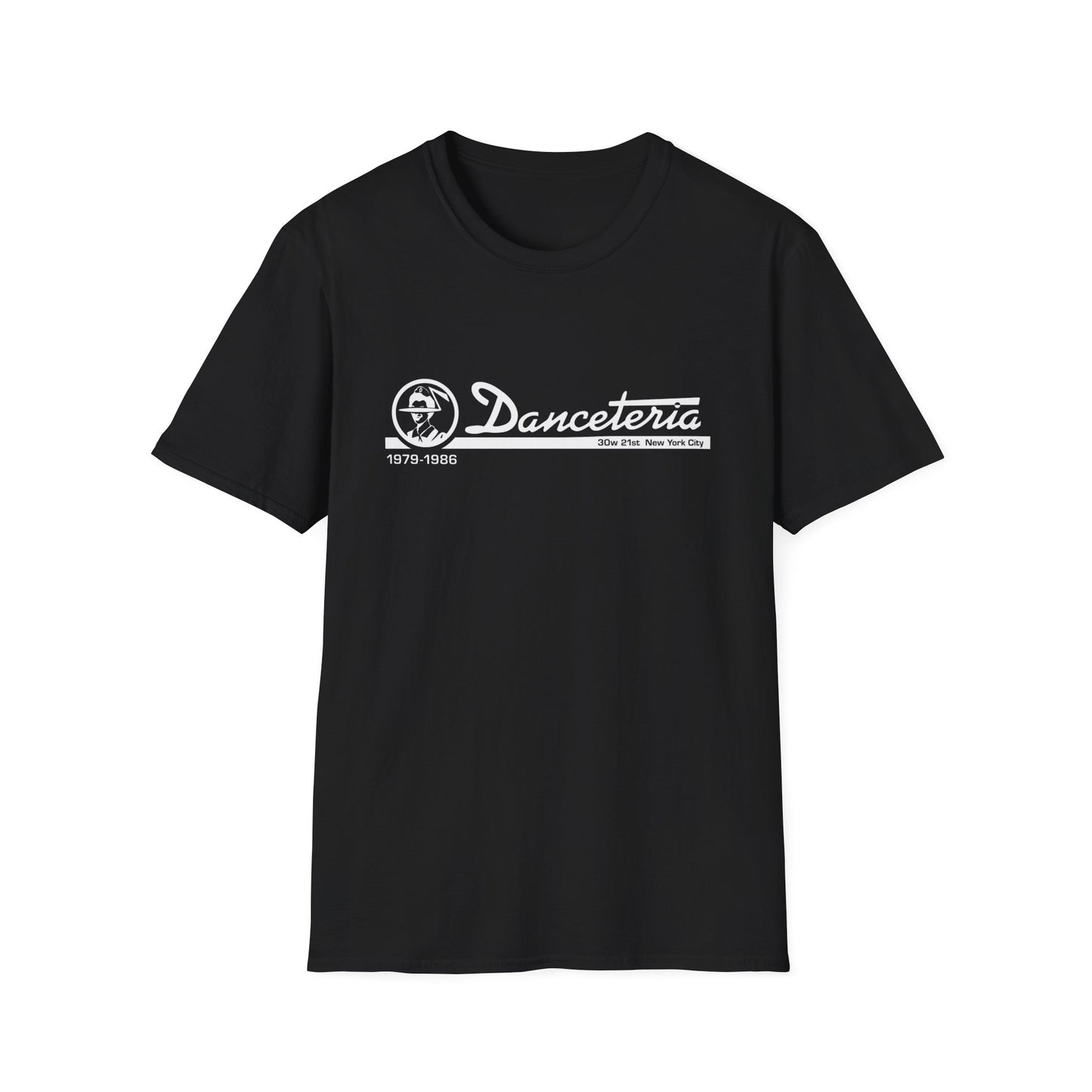 Black t-shirt with white Danceteria logo, 1979-1986, 30w 21st New York City.