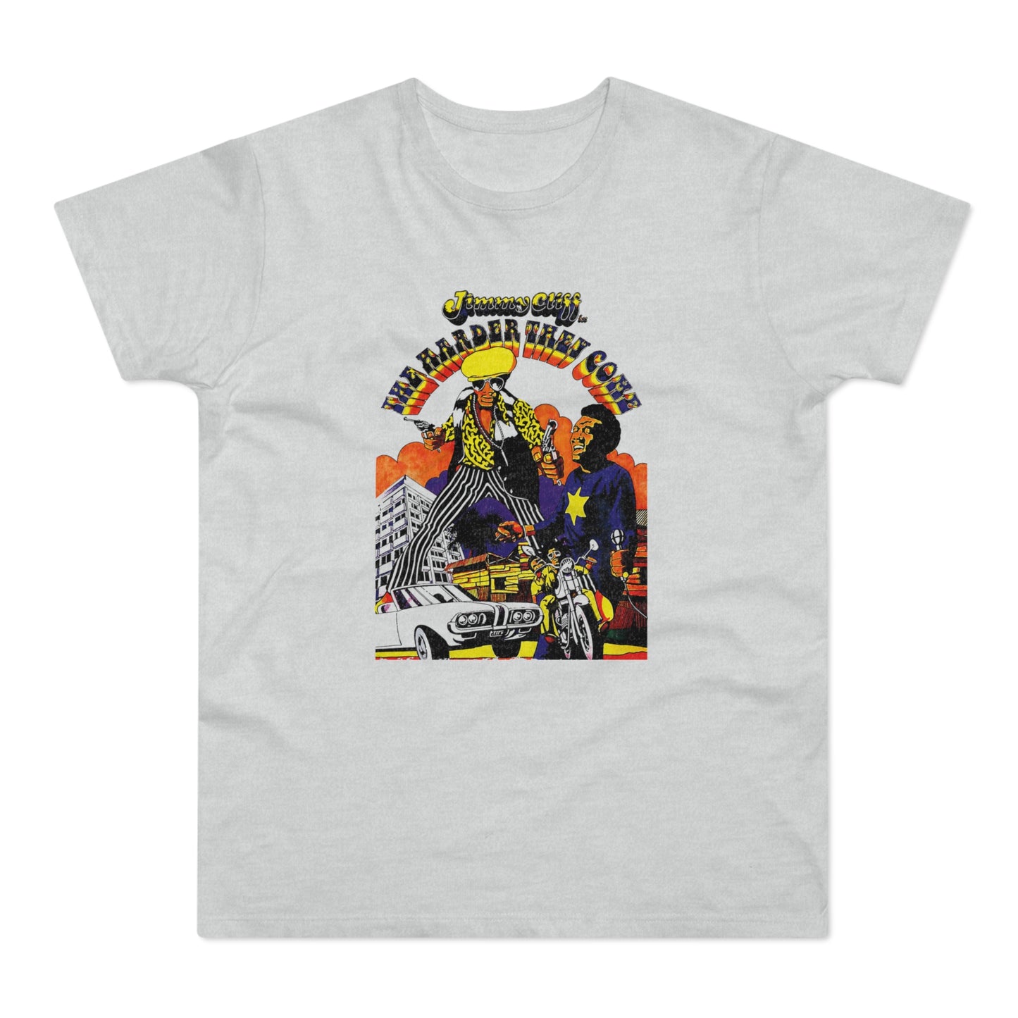 Jimmy Cliff's "The Harder They Come" graphic with figures, car, and motorcycle.