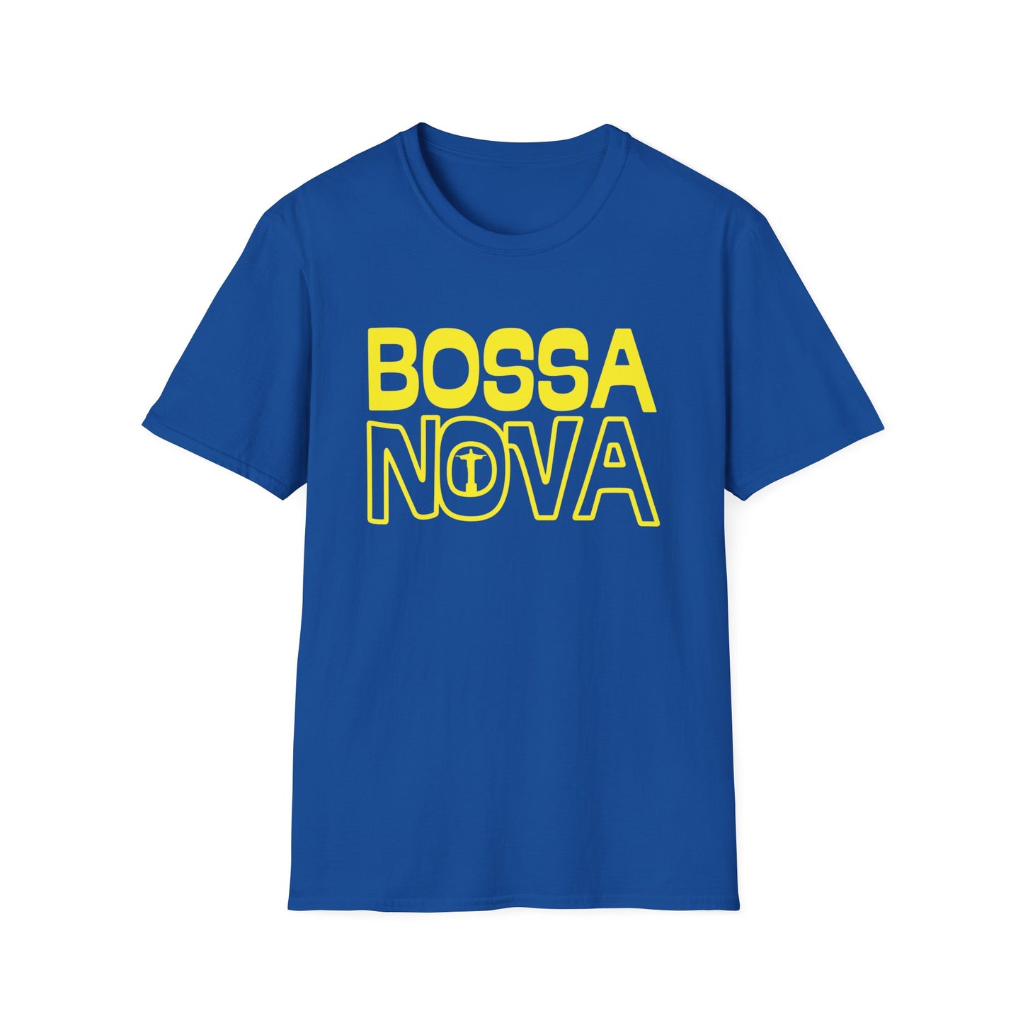 Blue t-shirt with yellow "BOSSA NOVA" text and Jesus statue silhouette