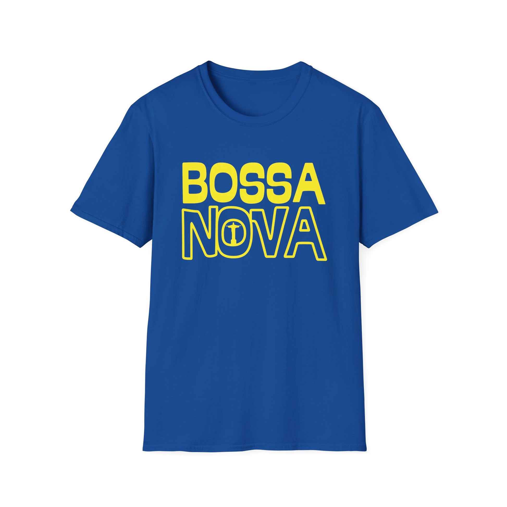 Blue t-shirt with yellow "BOSSA NOVA" text and Jesus statue silhouette