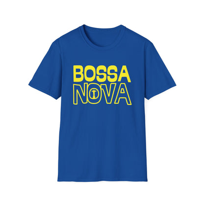 Blue t-shirt with yellow "BOSSA NOVA" text and Jesus statue silhouette