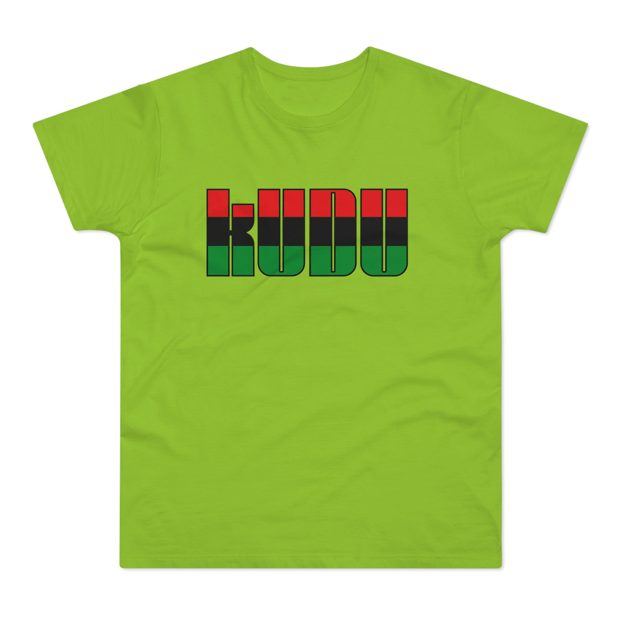 Green t-shirt with "KUDU" text in Pan-African flag colors.