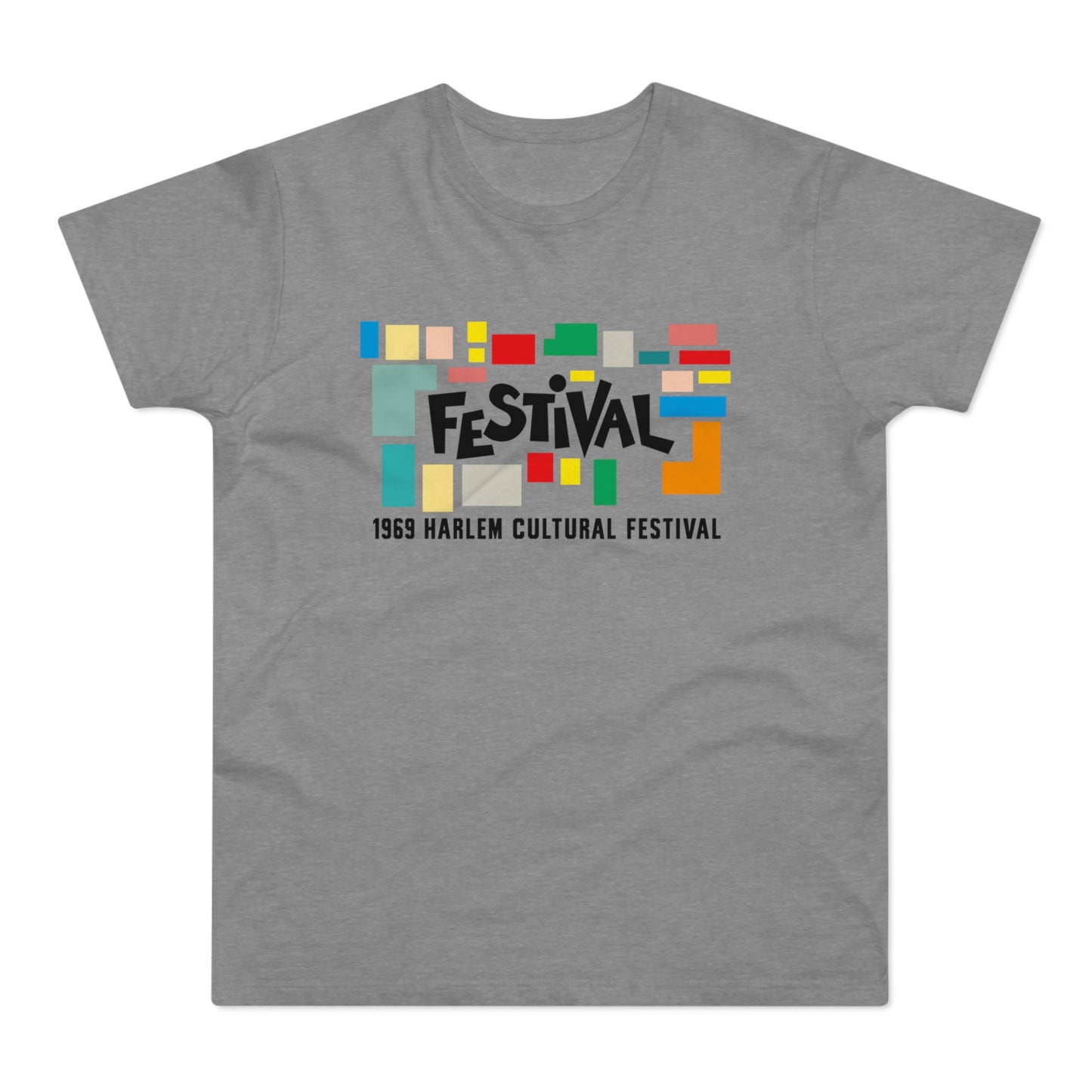 Grey t-shirt with "FESTIVAL" in black and abstract colorful blocks above "1969 HARLEM CULTURAL FESTIVAL".