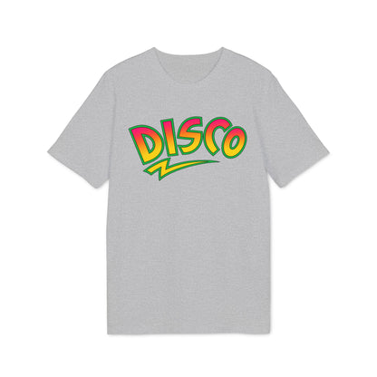 A grey short-sleeved t-shirt featuring the word DISCO in colorful bubble letters with a lightning bolt underneath.