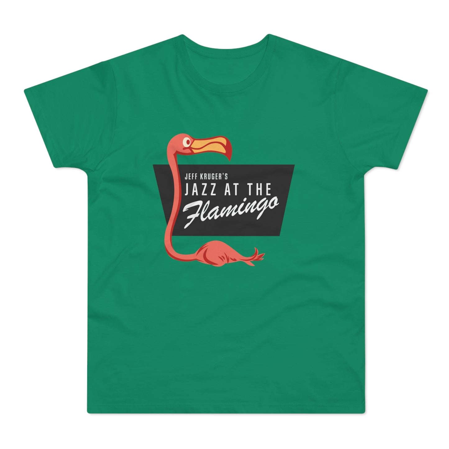 Green t-shirt with "Jeff Kruger's Jazz at The Flamingo" and flamingo illustration.