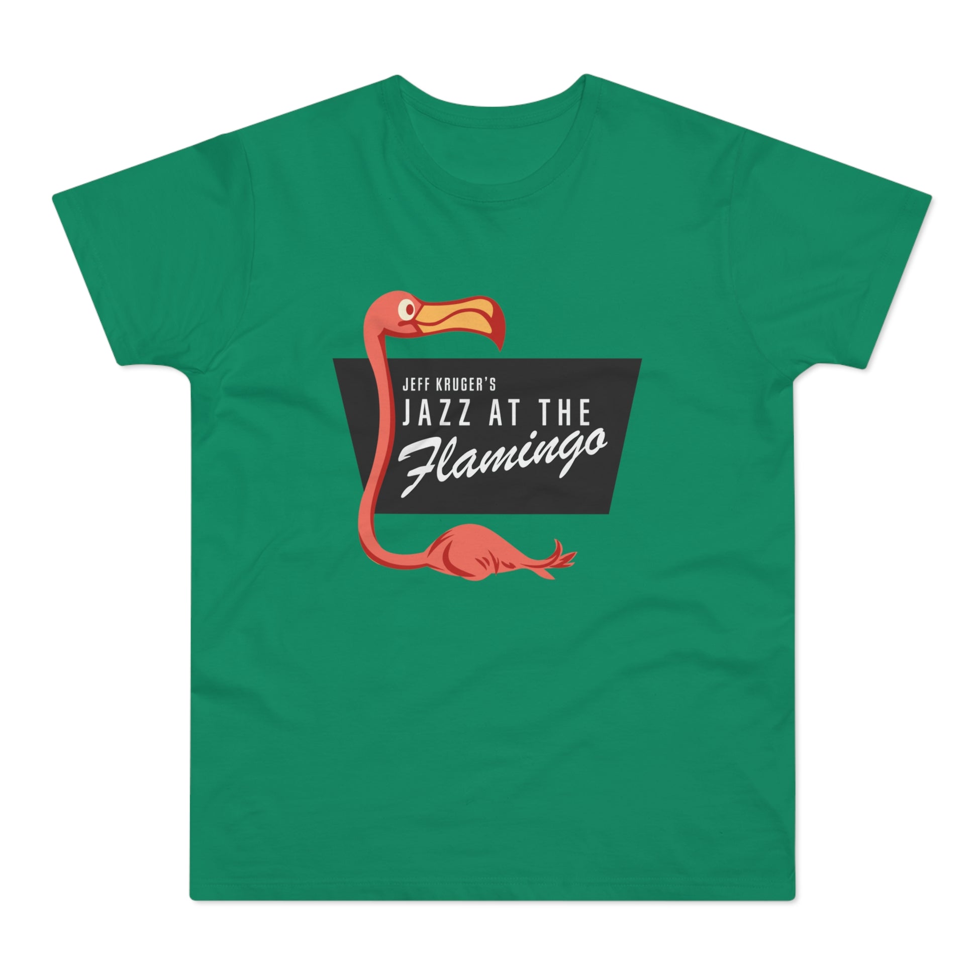 Green t-shirt with "Jeff Kruger's Jazz at The Flamingo" and flamingo illustration.