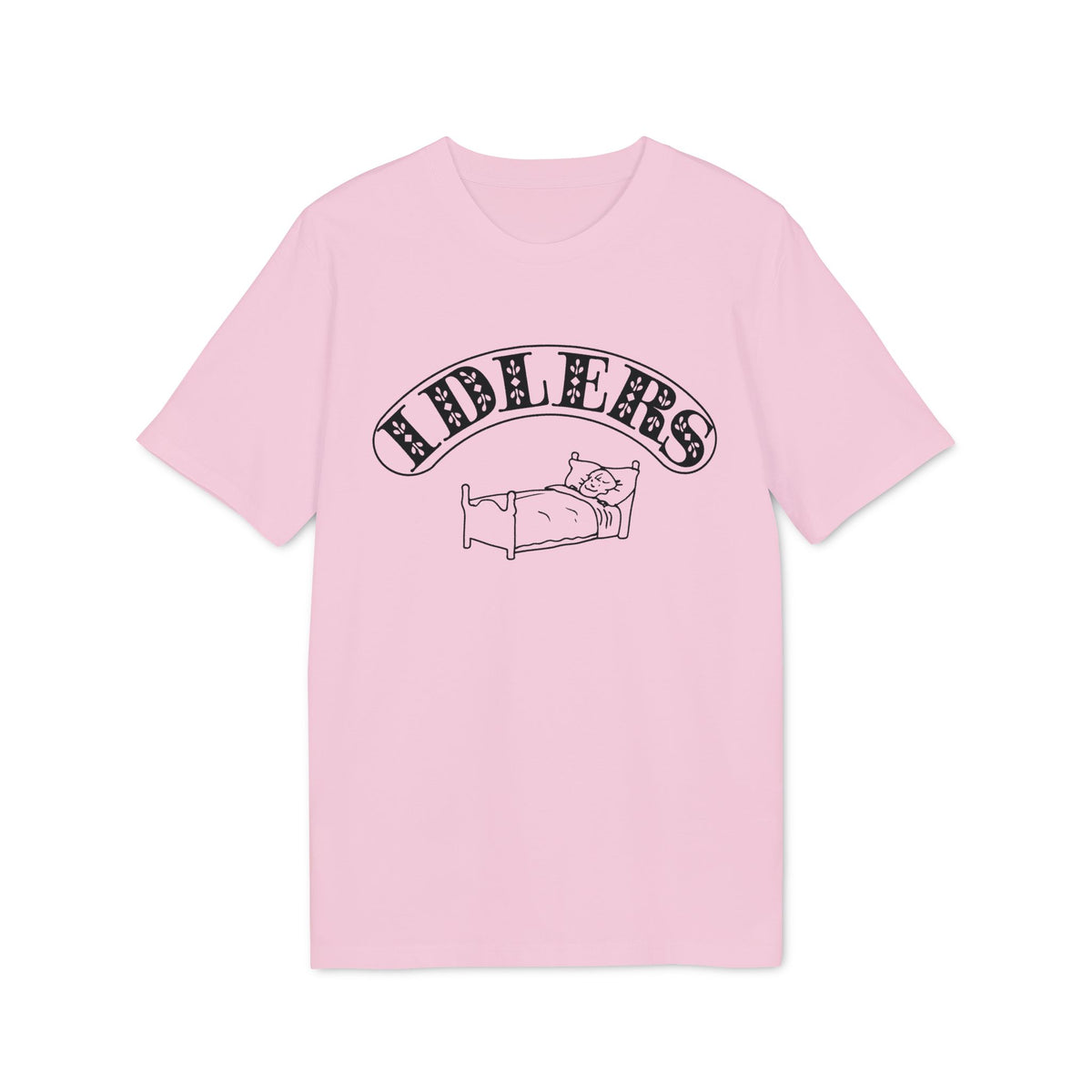 A light pink crewneck t-shirt featuring a black graphic of a bed and the word Idlers.