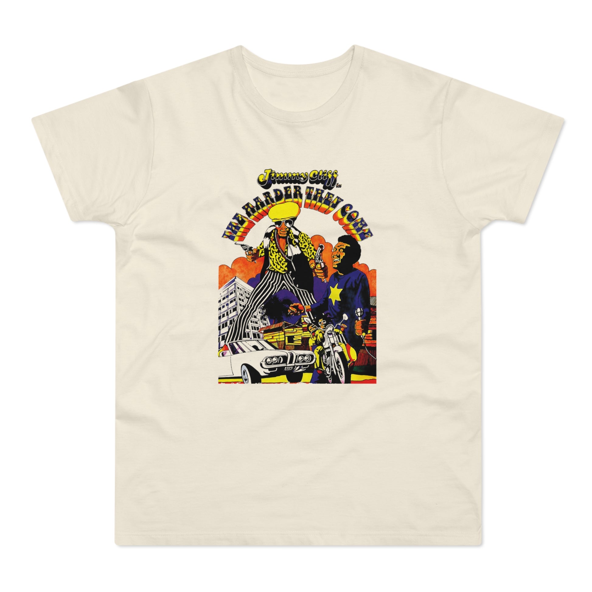 Jimmy Cliff The Harder They Come graphic with two men, cars, and motorcycle.