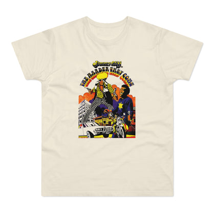 Jimmy Cliff The Harder They Come graphic with two men, cars, and motorcycle.