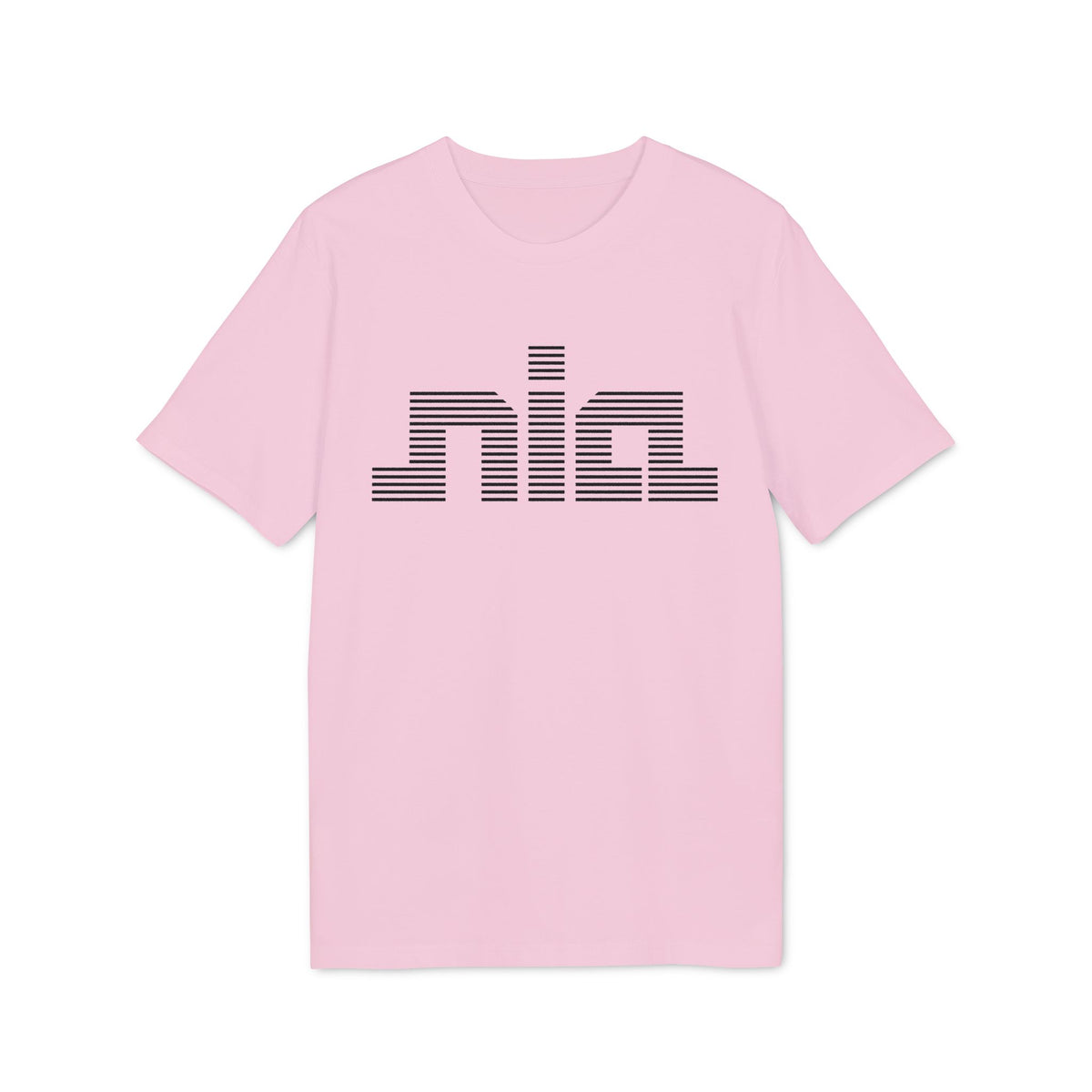 A pink short-sleeved t-shirt with a stylized black striped graphic spelling Nia on the chest.