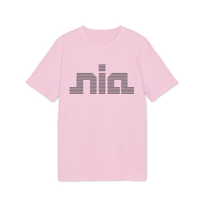 A pink short-sleeved t-shirt with a stylized black striped graphic spelling Nia on the chest.