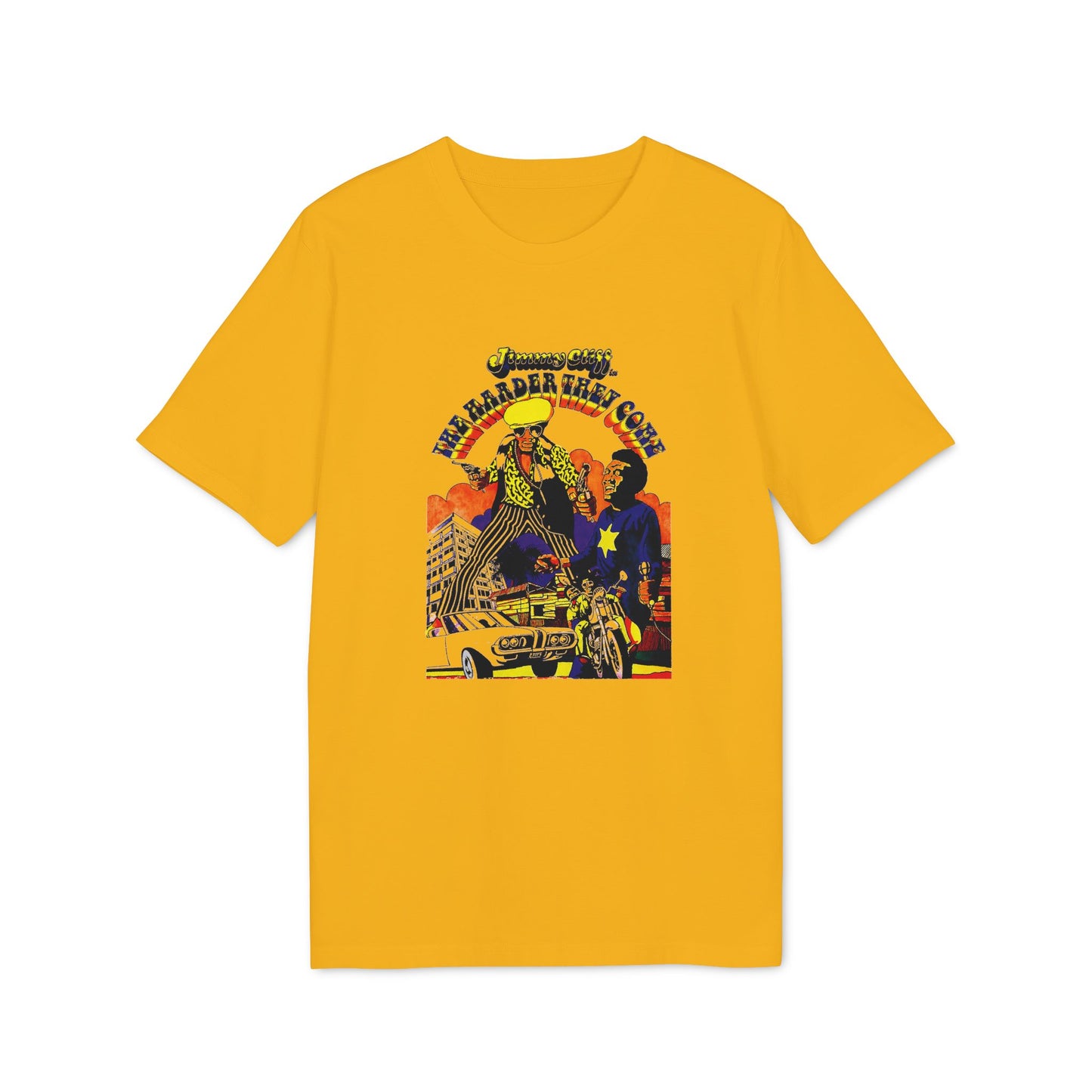 Yellow t-shirt with "Jimmy Cliff" and "The Harder They Come" graphic.