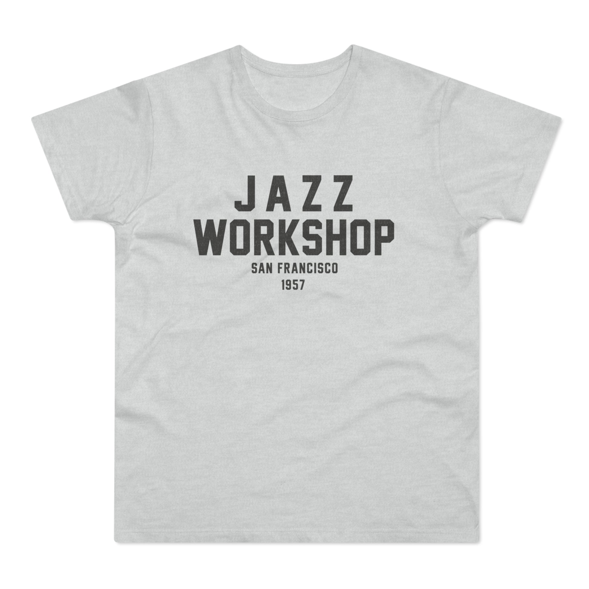 Light grey t-shirt with black text "JAZZ WORKSHOP SAN FRANCISCO 1957".